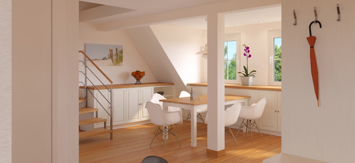 Visualisierung des Essbereiches eines 3 Familienhauses Visualisierung des Wohn-/ Essbereiches der Dachgeschosswohnung eines 3-Familienhauses
