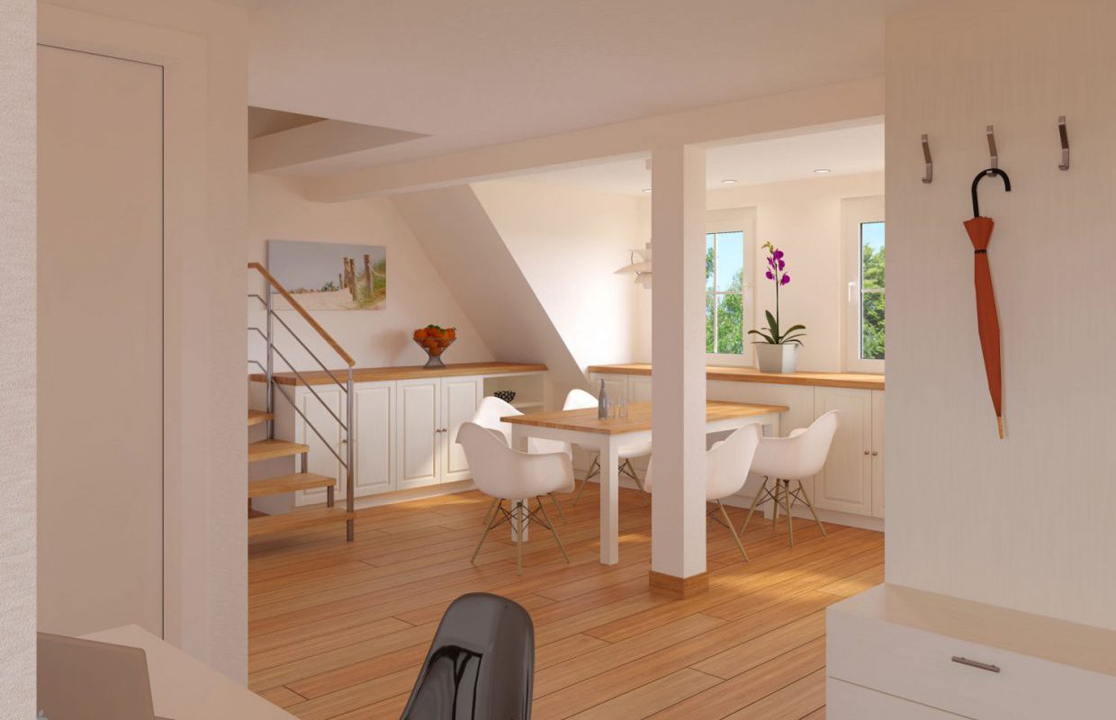 Visualisierung eines Wohn-/Essbereichs in einer Dachgeschosswohnung Eisenbraun Immobilien: Moderner Essbereich einer Dachgeschosswohnung zum Kauf
