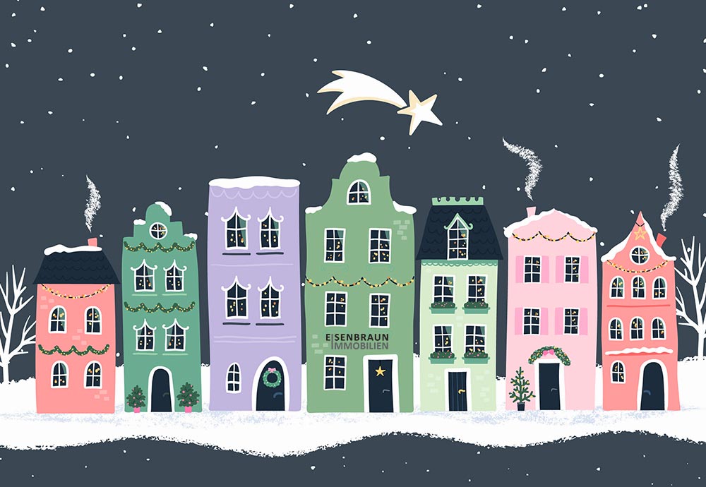 Frohe Weihnachten und eine neue Wohnung zum Verkauf in Ostfildern. Die Grafik zeigt eine weihnachtliche Häuserreihe.